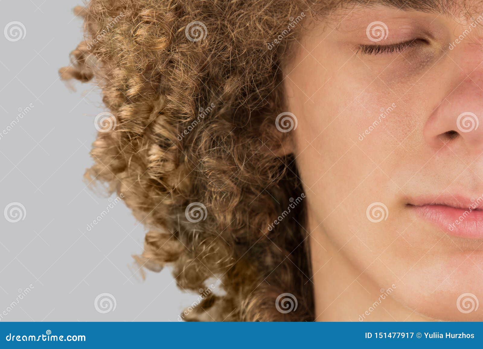 Splited in Half Cropped Portrait of a Young Curly European Man with Long  Curly Hair and Closed Eyes Close Up. Very Lush Male Hair Stock Image -  Image of headdress, handsome: 151477917