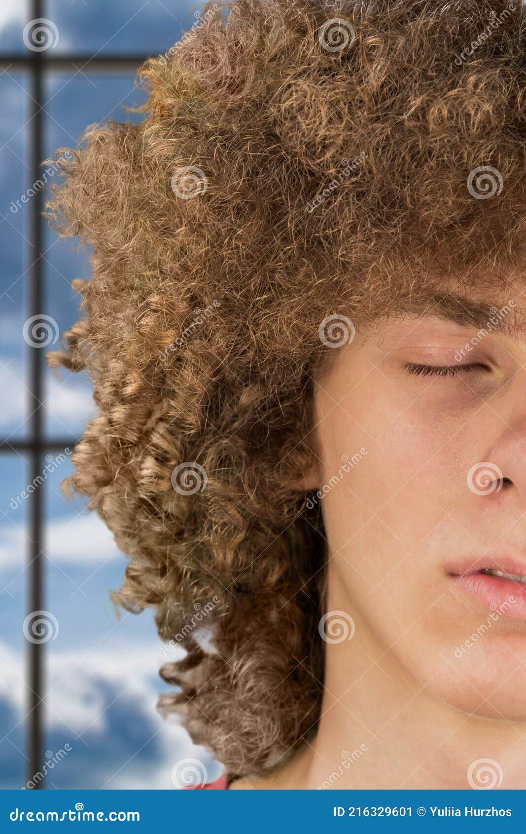 Splited in Half Cropped Portrait of a Young Curly European Man with Long  Curly Hair and Closed Eyes Close Up Against the Window. Stock Image - Image  of hairdo, hair: 216329601