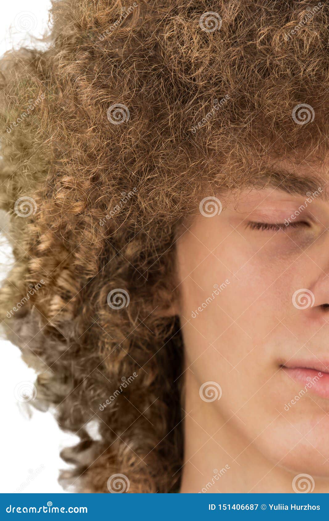 Splited in Half Cropped Portrait of a Young Curly European Man with Long Curly  Hair and Closed Eyes Close Up. Very Lush Male Hair Stock Image - Image of  eyes, haircut: 151406687