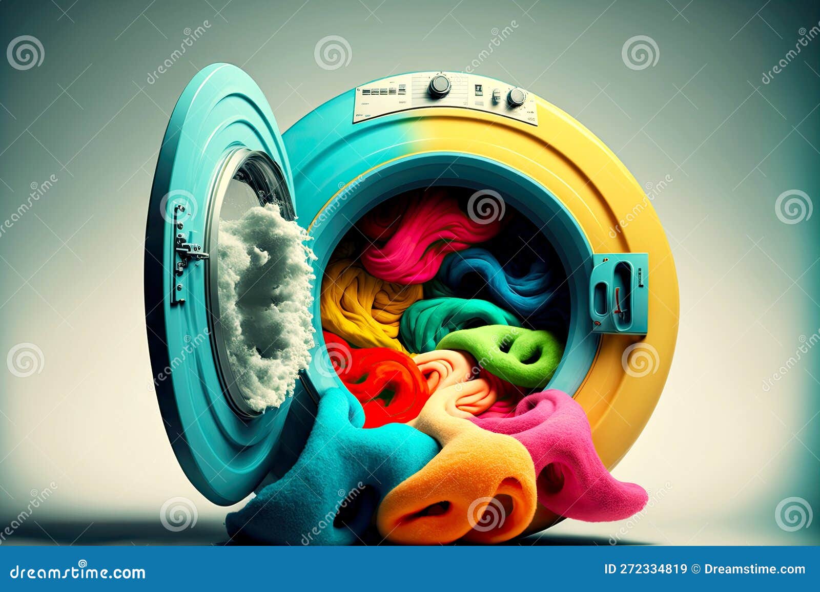 Spoiled Clothes Washing Multicolored Laundry in Machine Washing Stock