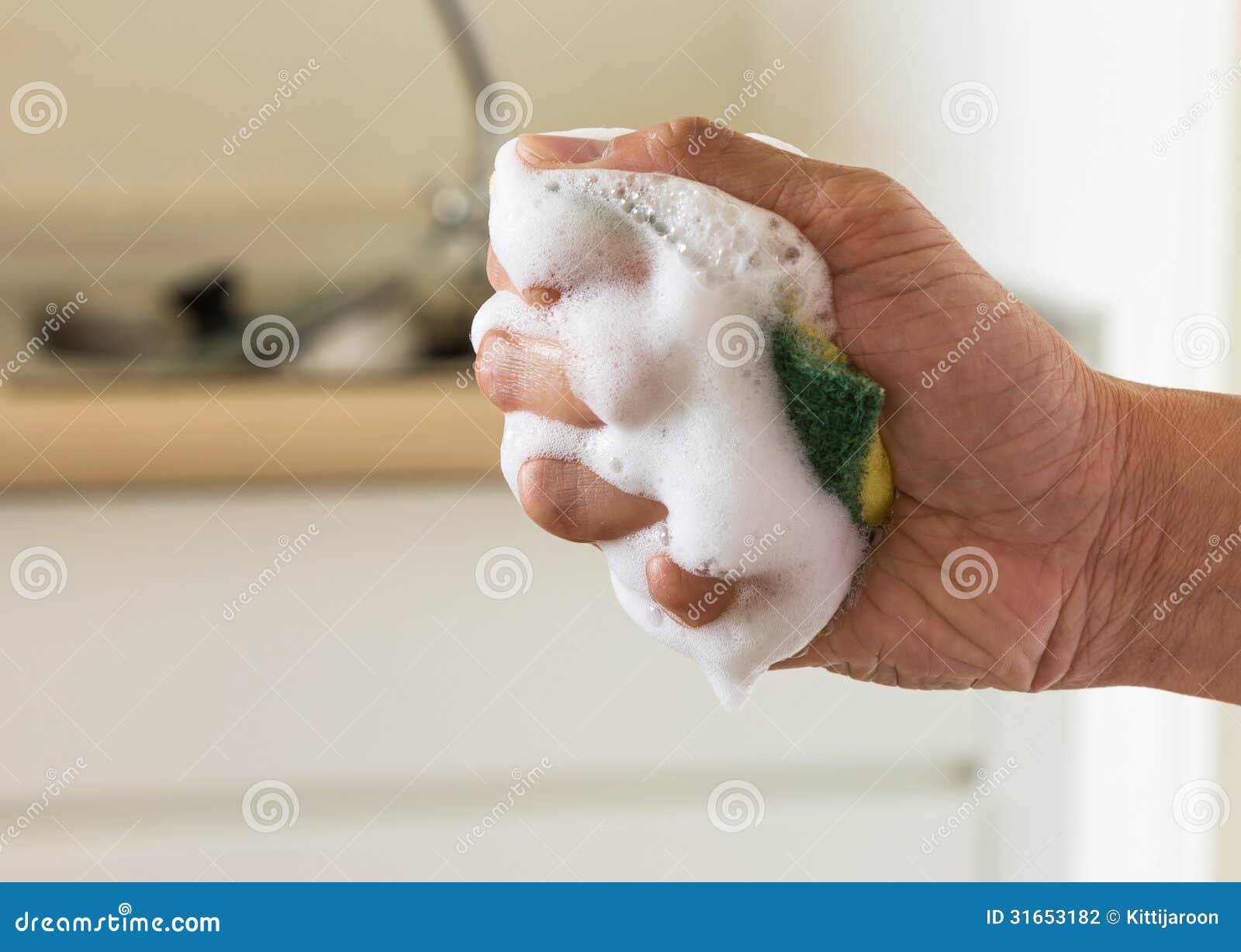 Sponge in Squeeze Hand with Dishwashing Liquid Stock Photo Image of