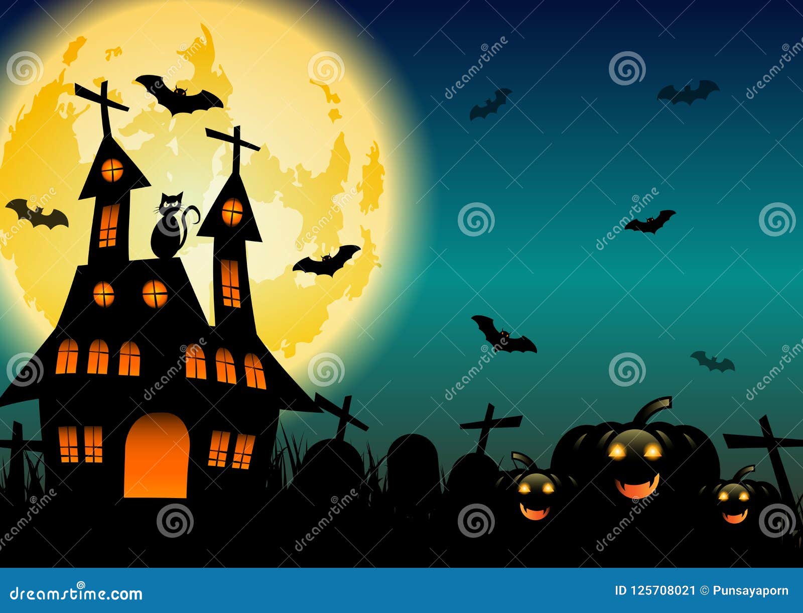 Spooky Halloween Background with Pumpkins and Black Cat Stock Vector