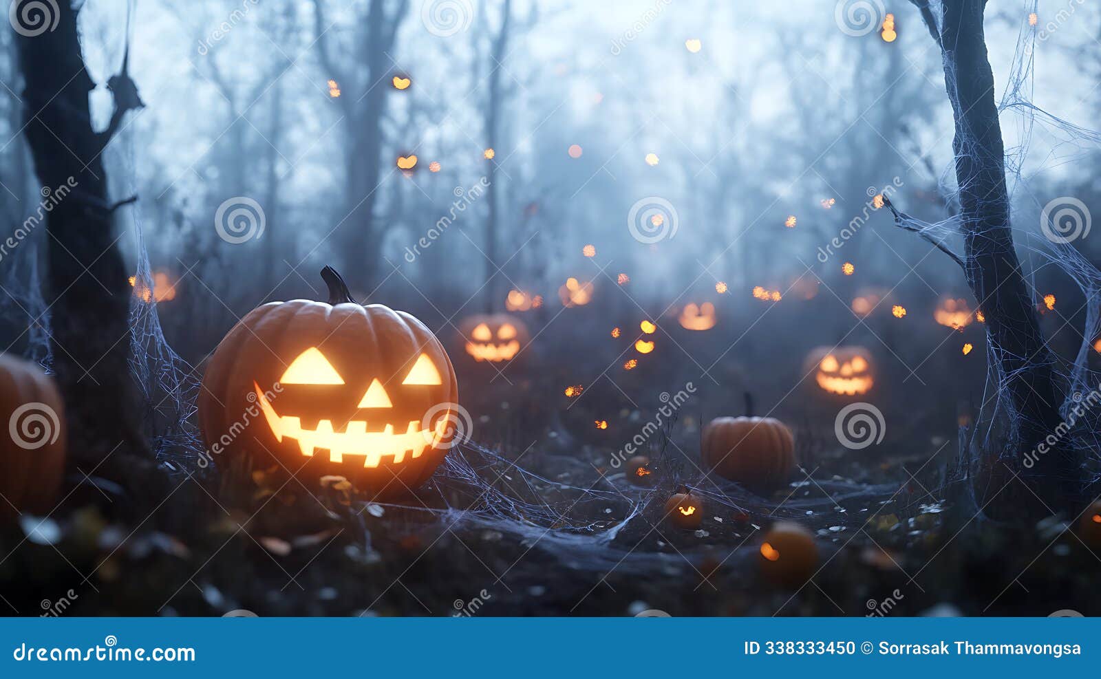 a spooky halloween forest filled with glowing pumpkins and cobweb-covered trees. generativeai