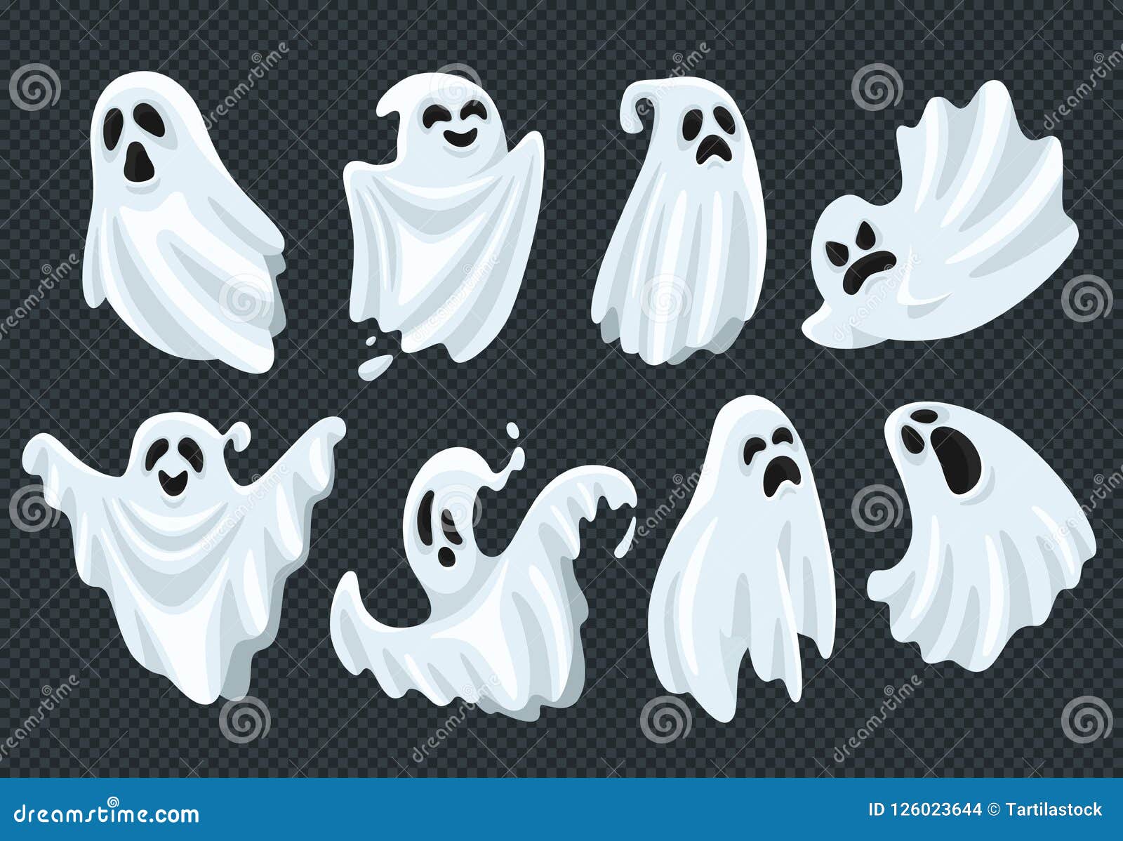 spooky halloween ghost. fly phantom spirit with scary face. ghostly apparition in white fabric   set