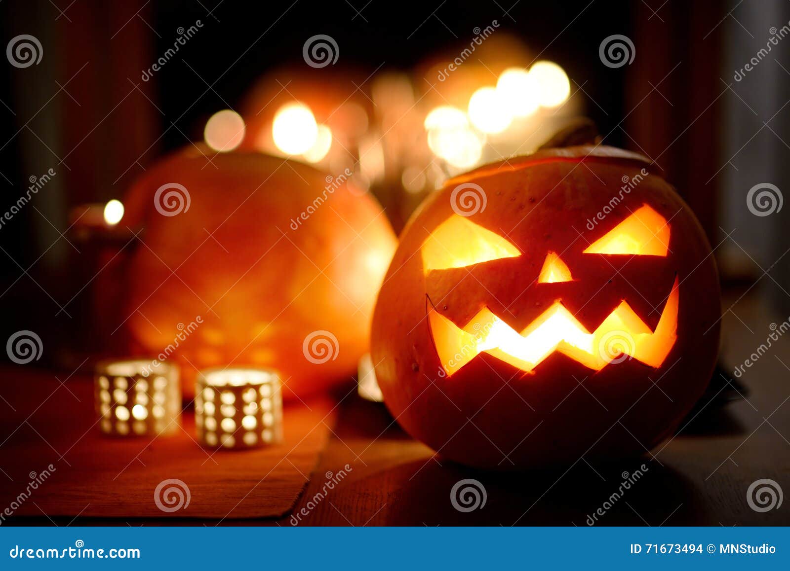 Spooky Halloween Jack-o-lanterns Lit at Night Stock Photo - Image of ...