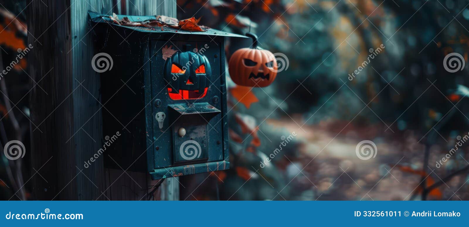 spooky halloween mailbox with carved pumpkins in a forest setting