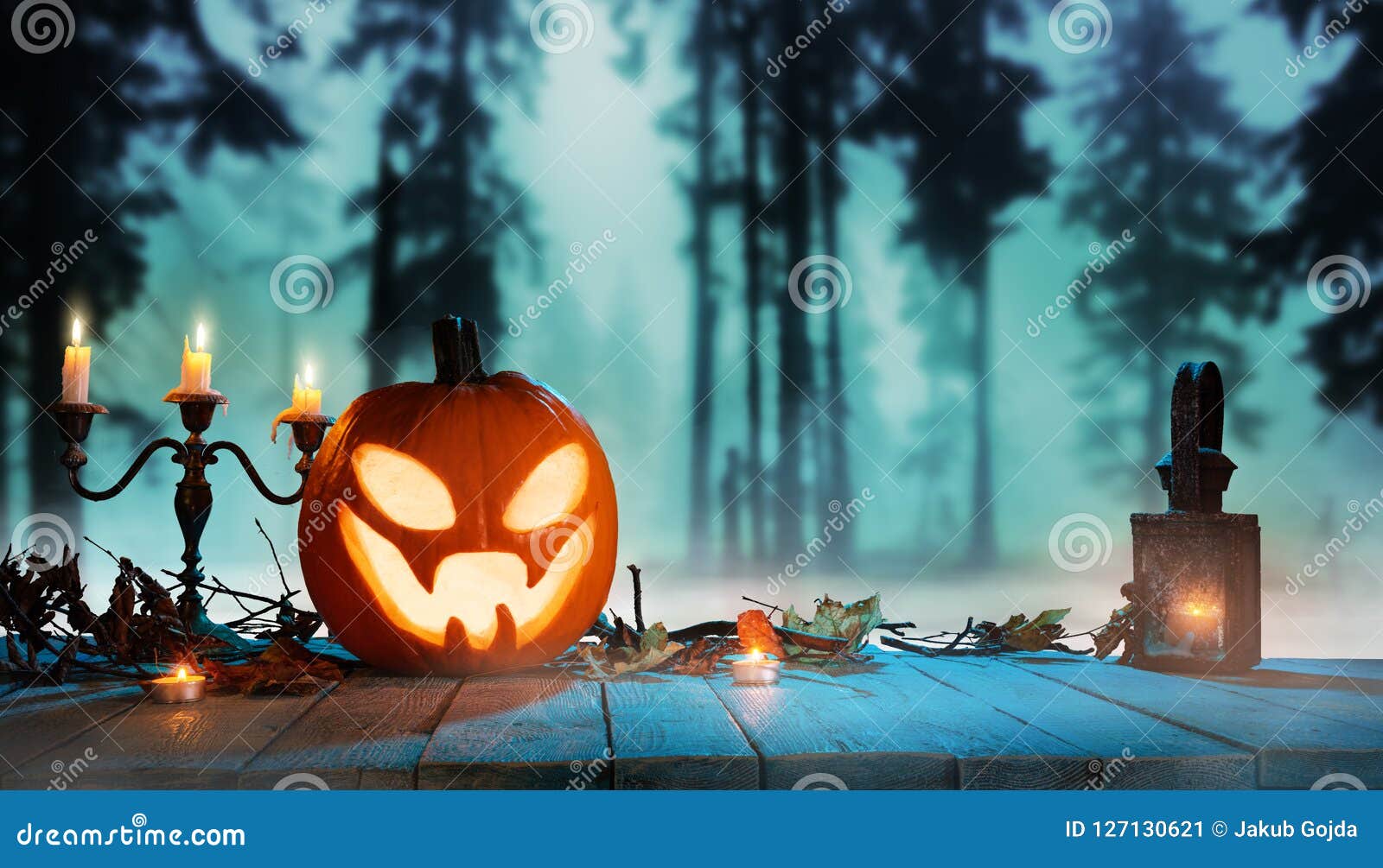 Spooky Halloween Pumpkin in Forest Stock Image - Image of creepy, head ...