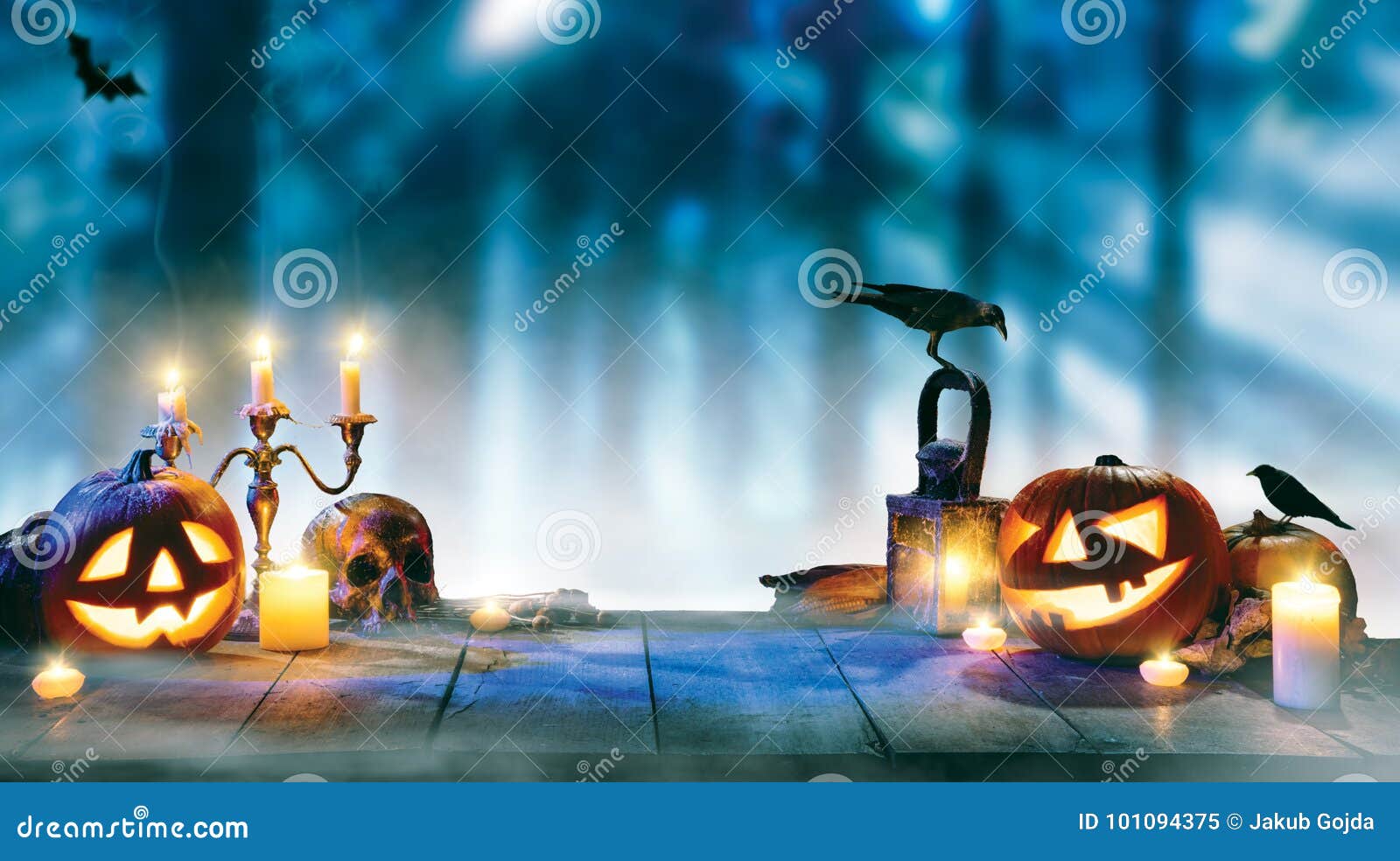 Spooky Halloween Pumpkins On Wooden Planks Stock Image - Image of ...