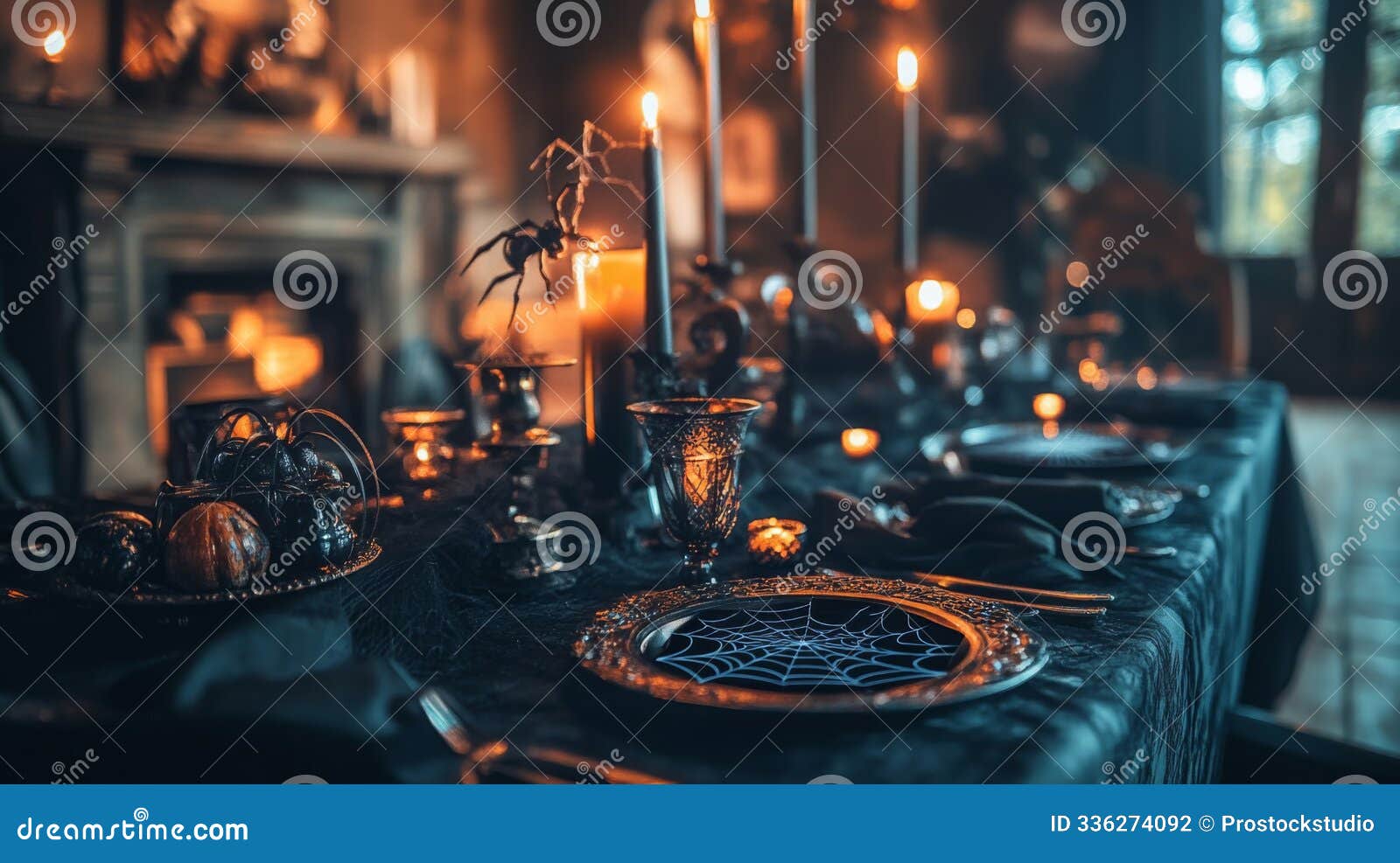 a spooky halloween table setting with candles, cobwebs, and black silverware