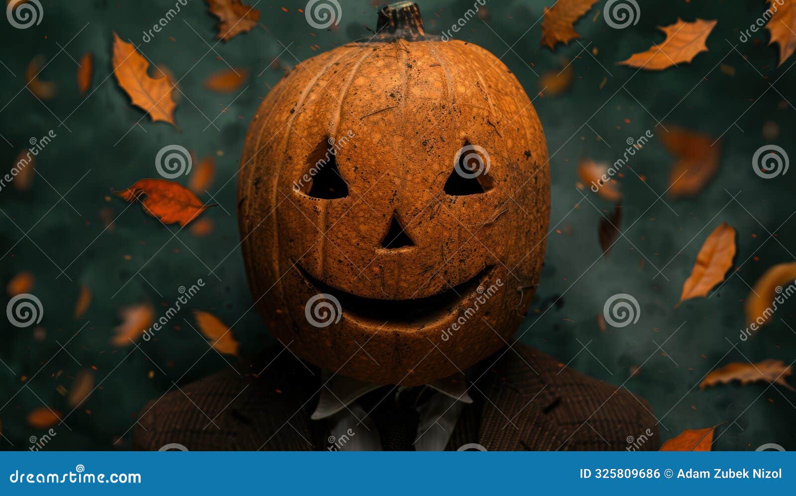 spooky pumpkin head in autumn leaves
