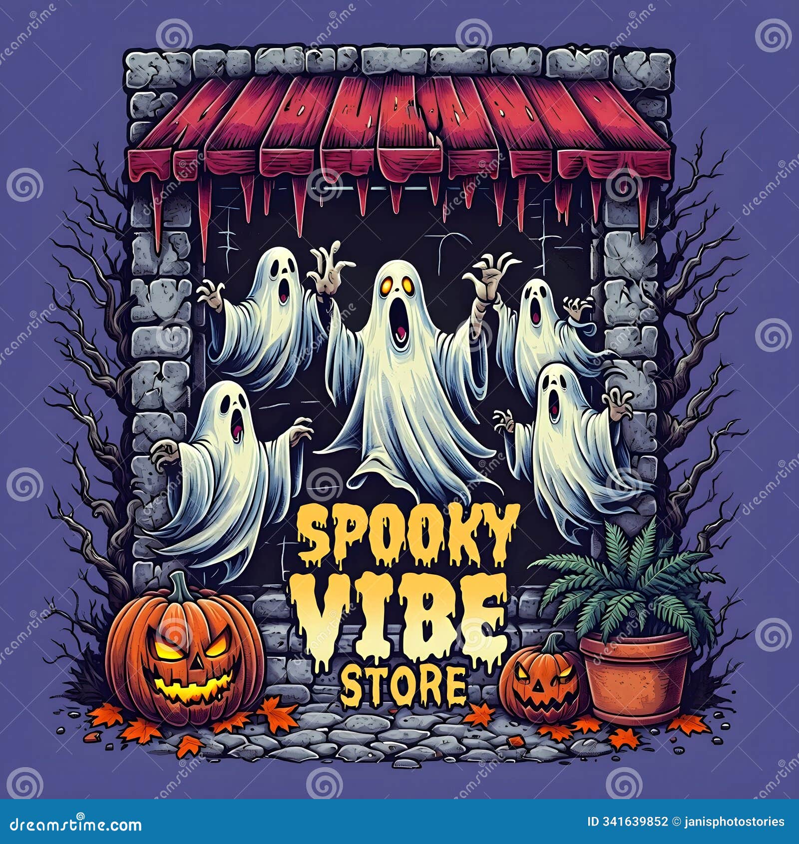 spooky vibe store  with ghosts and pumpkins, halloween decor, promotional art