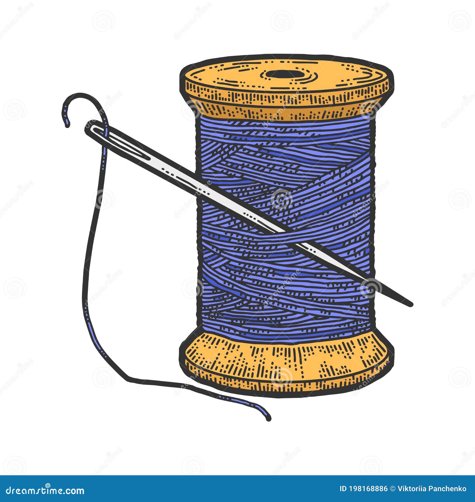 Spool of Blue Thread with a Needle. Scratch Board Imitation. Color Hand ...