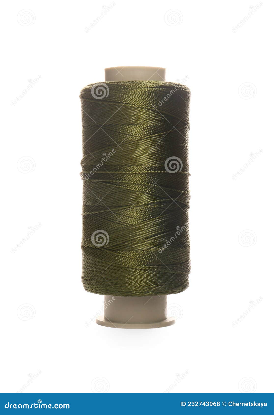 Spool of Olive Green Sewing Thread Isolated on White Stock Photo