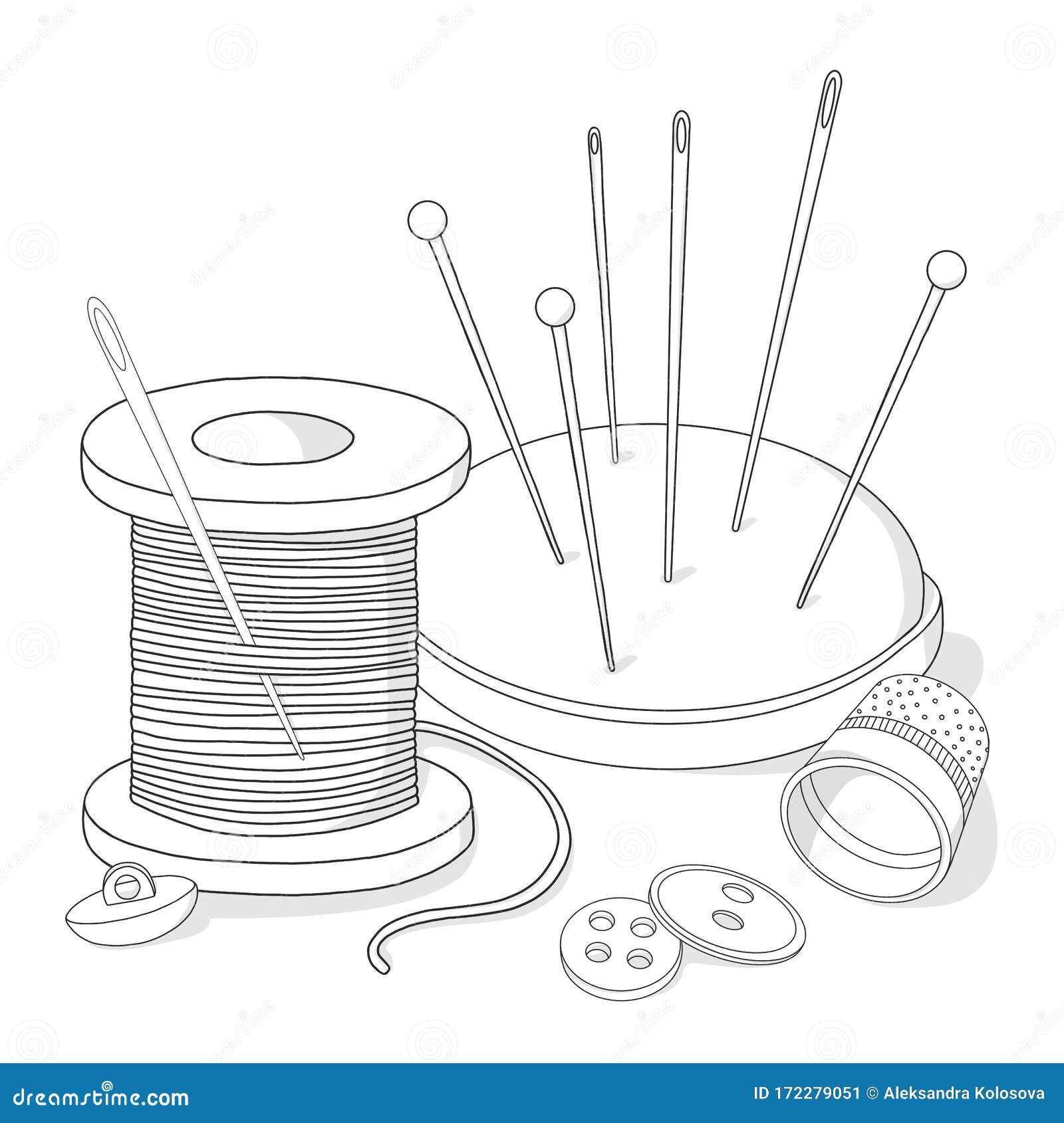 Spool of Thread, Buttons, Thimble, and Sewing Needles. Black Outline on