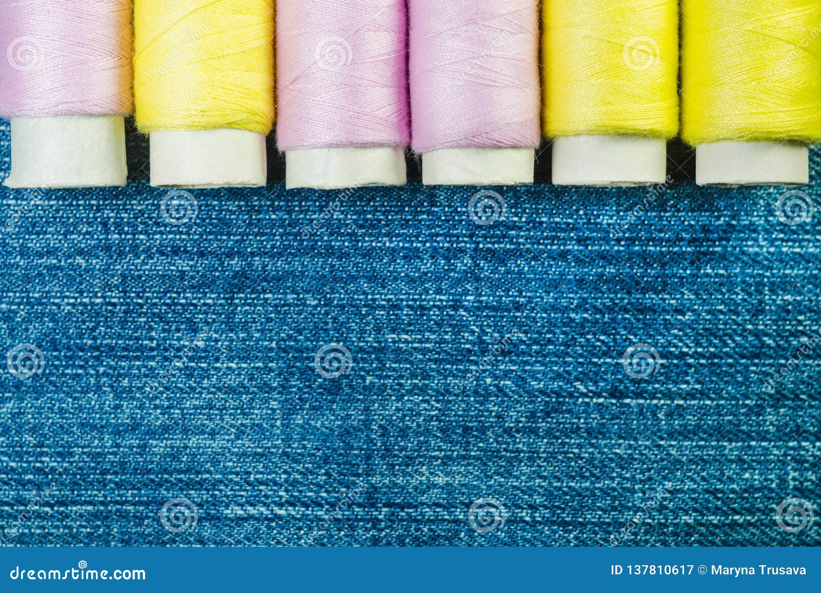 Spools of Pink and Yellow Sewing Thread on Blue Denim with Copy Space Stock Image Image of