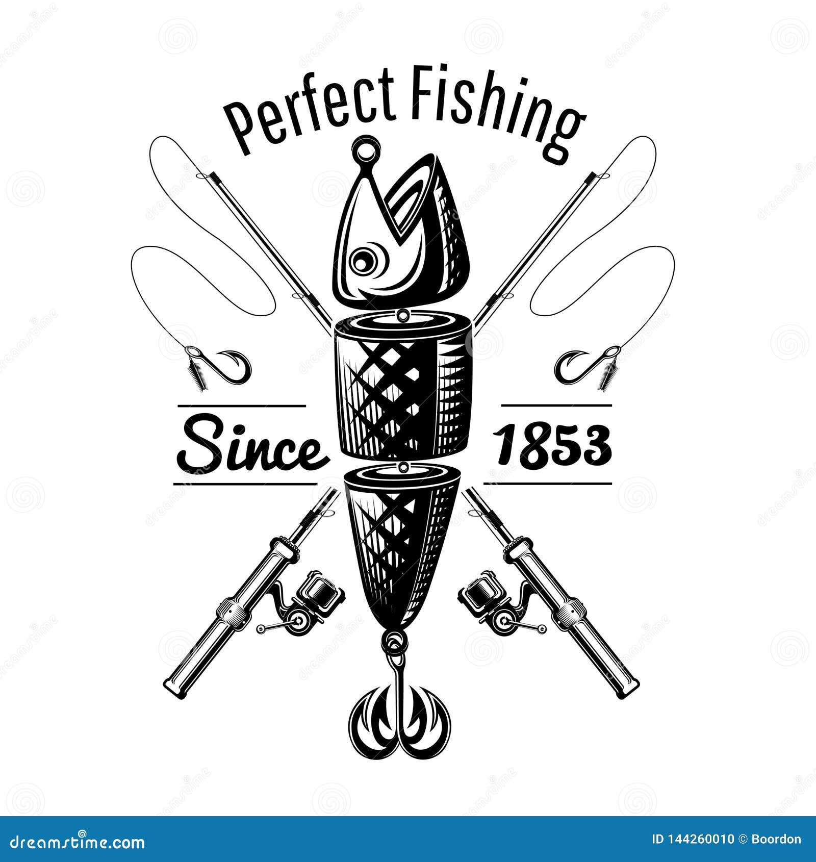 Spoon-bait Fish with Crossed Fishing Rods in Engraving Style. Logo