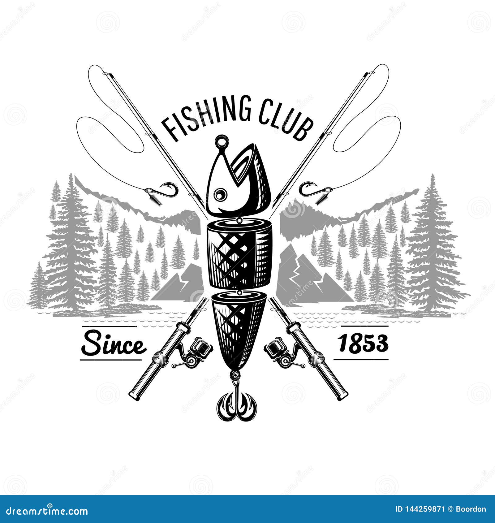 Spoon-bait Fish with Crossed Fishing Rods with Landscape in Engraving  Style. Logo for Fishing or Fishing Stock Vector - Illustration of business,  lure: 144259871