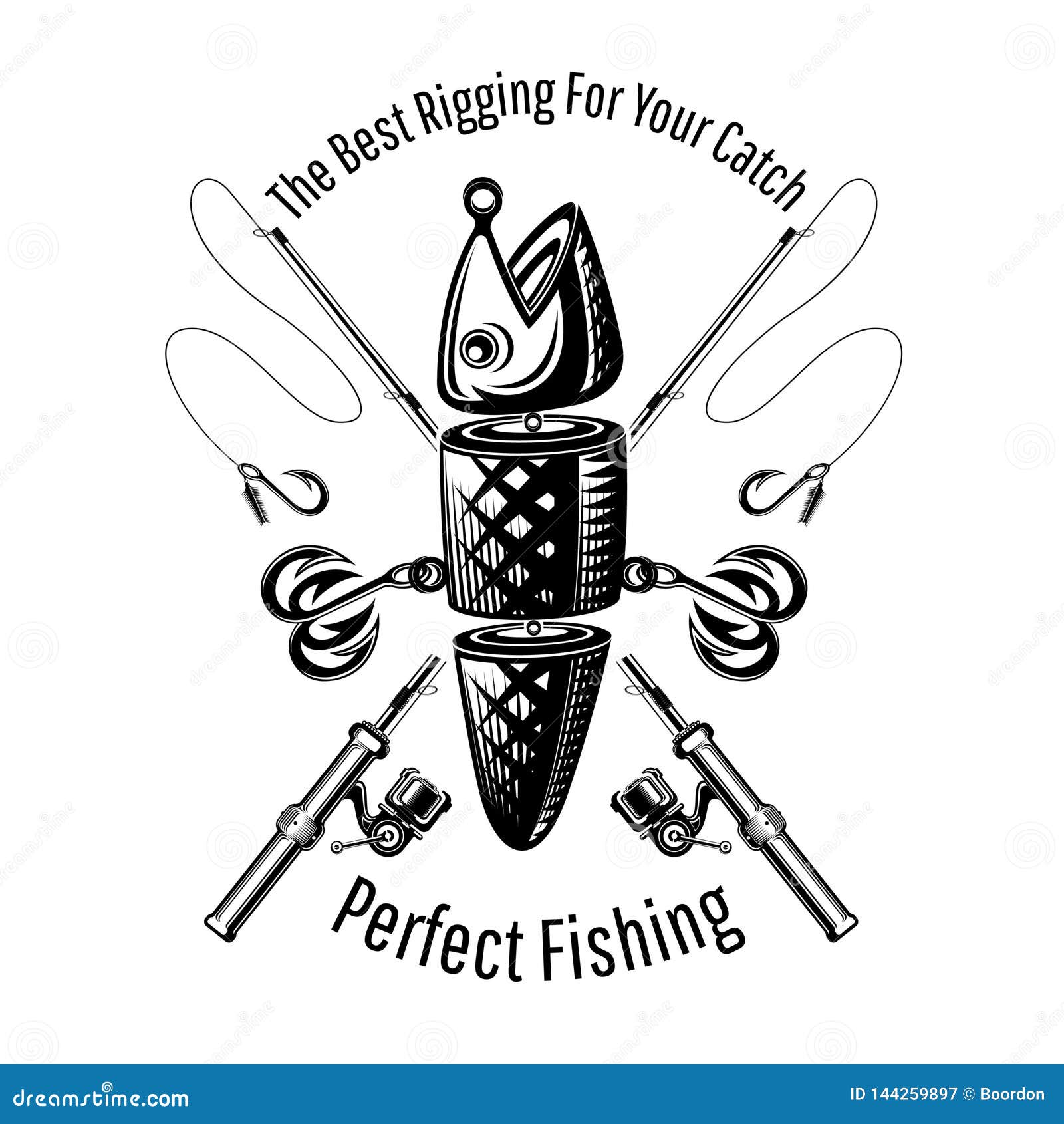 Spoon-bait Fish with Two Hooks and Crossed Fishing Rods in Engraving Style.  Logo for Fishing or Fishing Shop on White Stock Vector - Illustration of  market, farm: 144259897