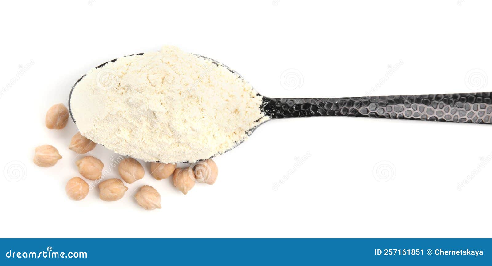 Spoon of Chickpea Flour and Grains on White Background, Top View Stock