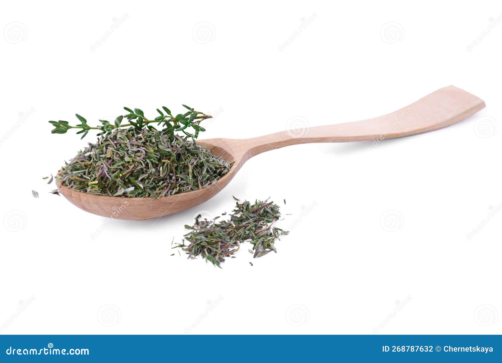 Spoon of Dried Thyme and Fresh Herb Isolated on White Stock Photo