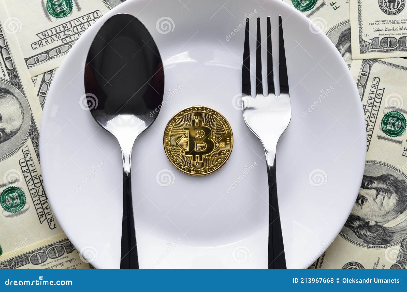 Spoon, Fork, Bitcoin Cryptocurrency on a Plate among Dollars Stock Photo -  Image of payment, money: 213967668
