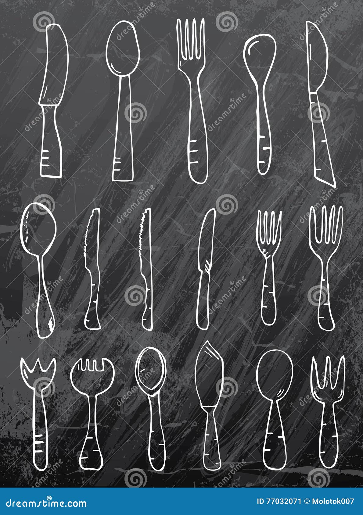 Spoon Knife Fork on Black Chalk Board. Stock Vector Illustration of