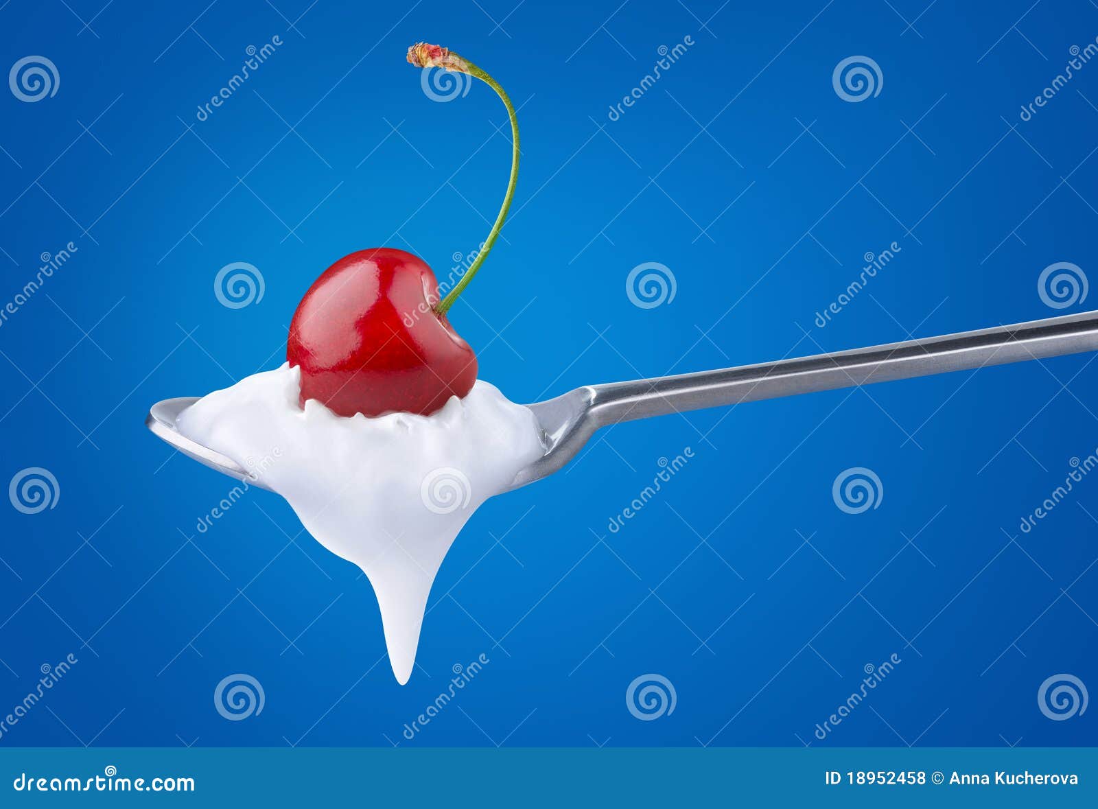 Spoon of Yoghurt with Cherry on Top Stock Photo Image of design