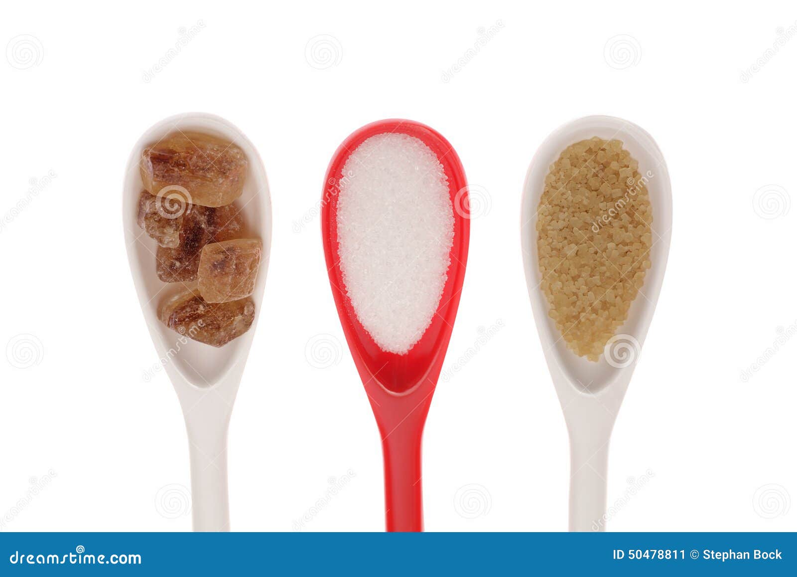 Spoons Filled With Different Types Of Sugar Cane Sugar White Sugar Rock
