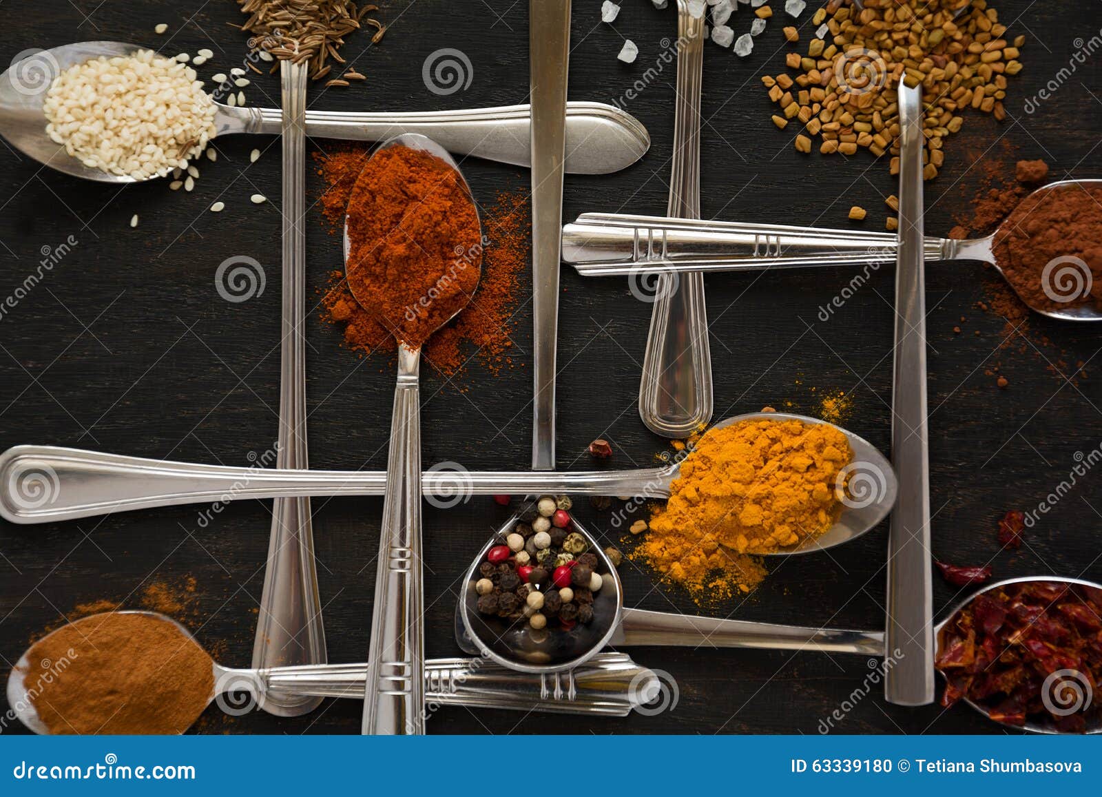 Spoons with spices stock photo. Image of indian, background 63339180