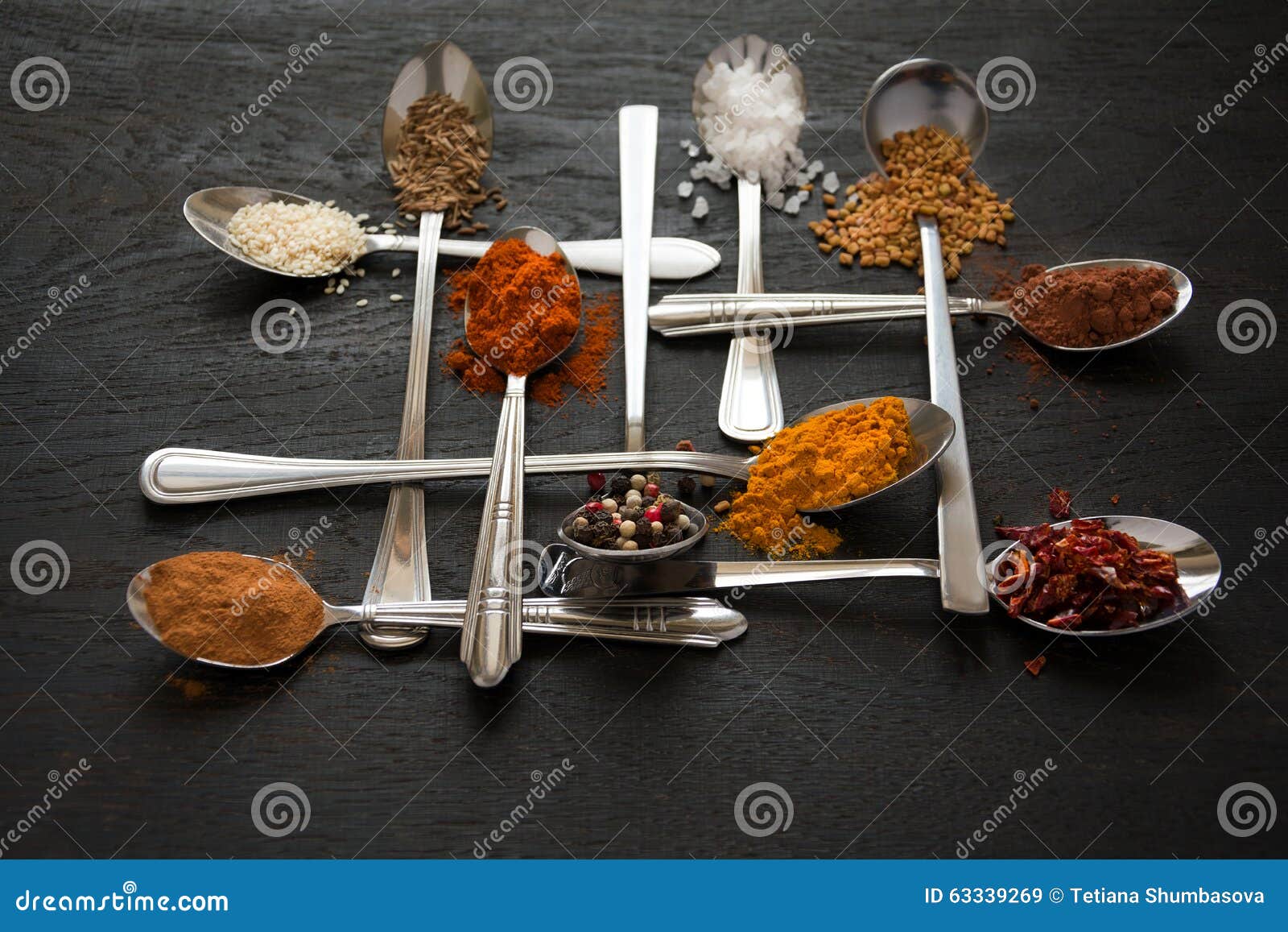 Spoons with spices stock image. Image of fresh, metal 63339269
