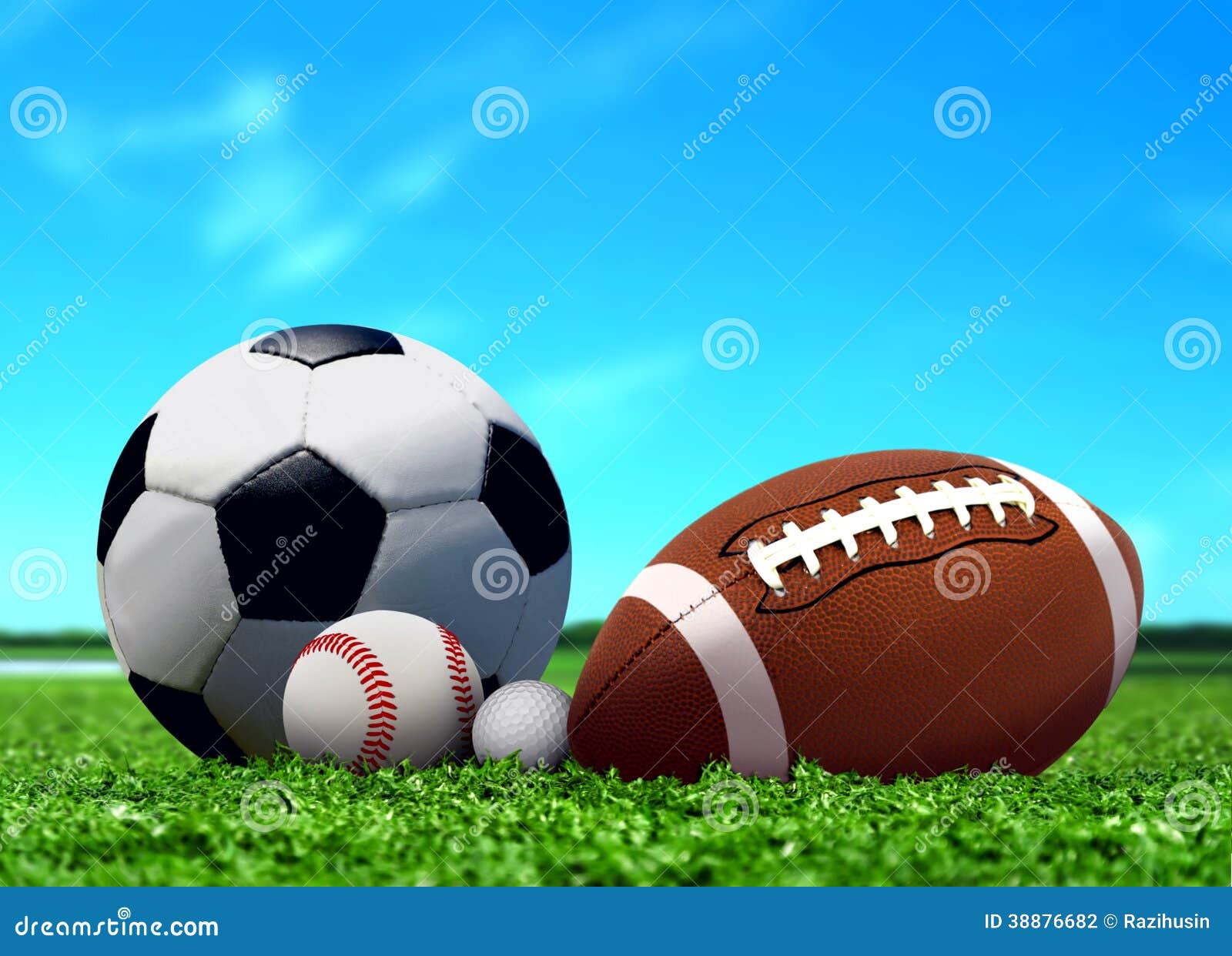 Sport Balls on Grass with Blue Sky Stock Photo Image of soccer