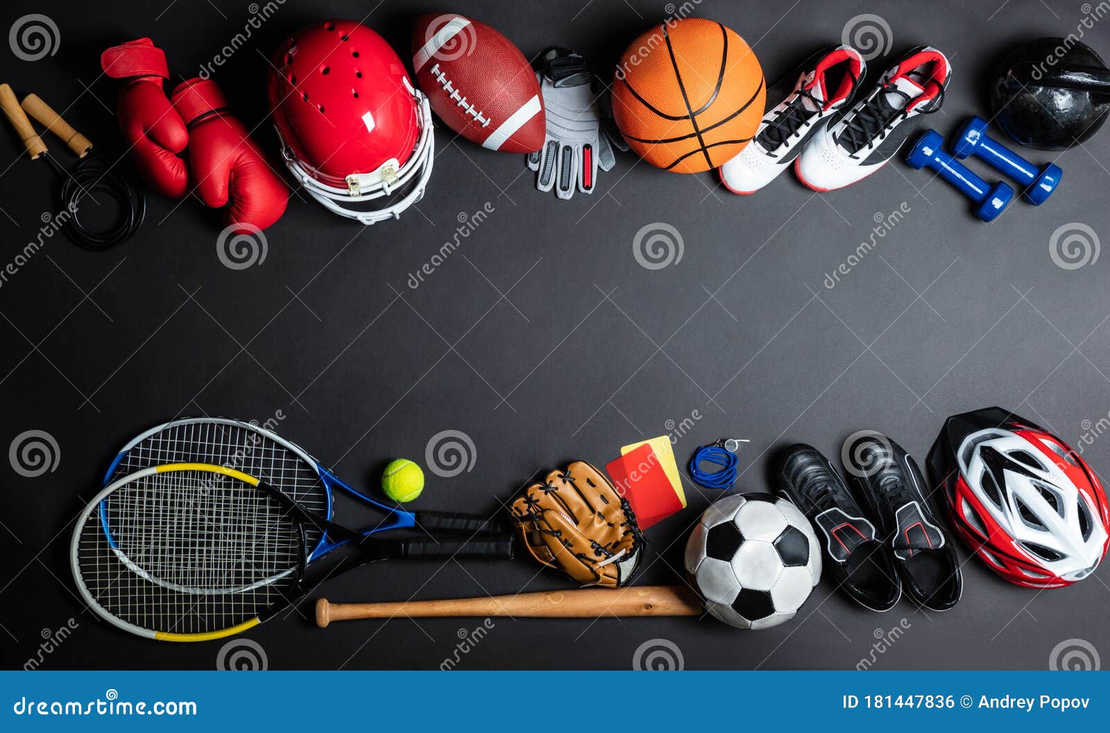 Sport Equipment on Black Background Stock Photo Image of round, group