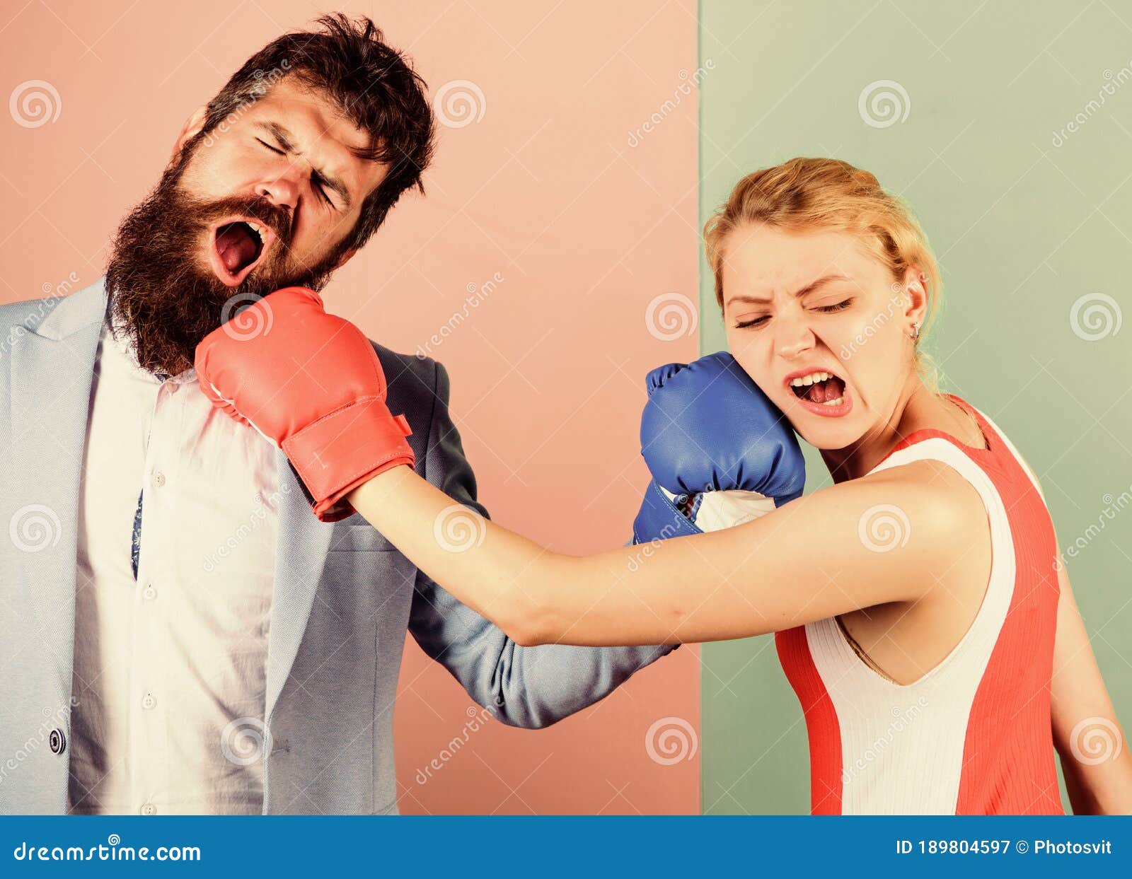 Sport for Everyone. Family Couple Boxing Gloves. Bearded Man Hipster ...