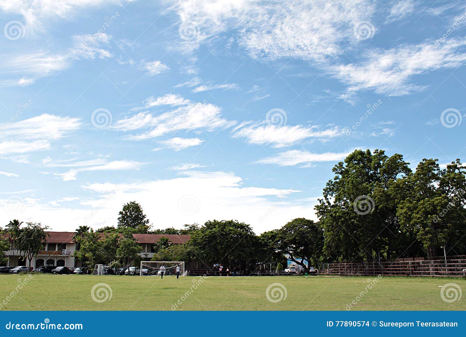 Education, back to school or sport concept : Sport field, football field or soccer field with blue sky background