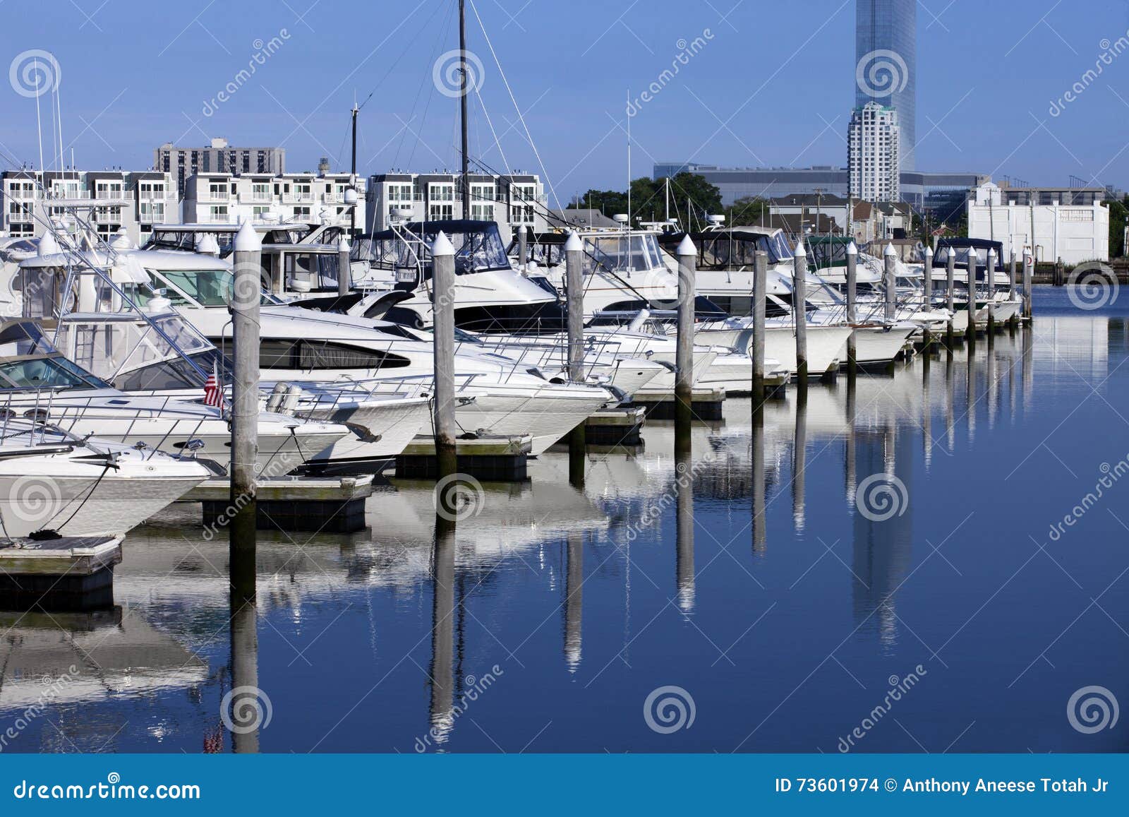 sport fishing boats and yacht in a marina