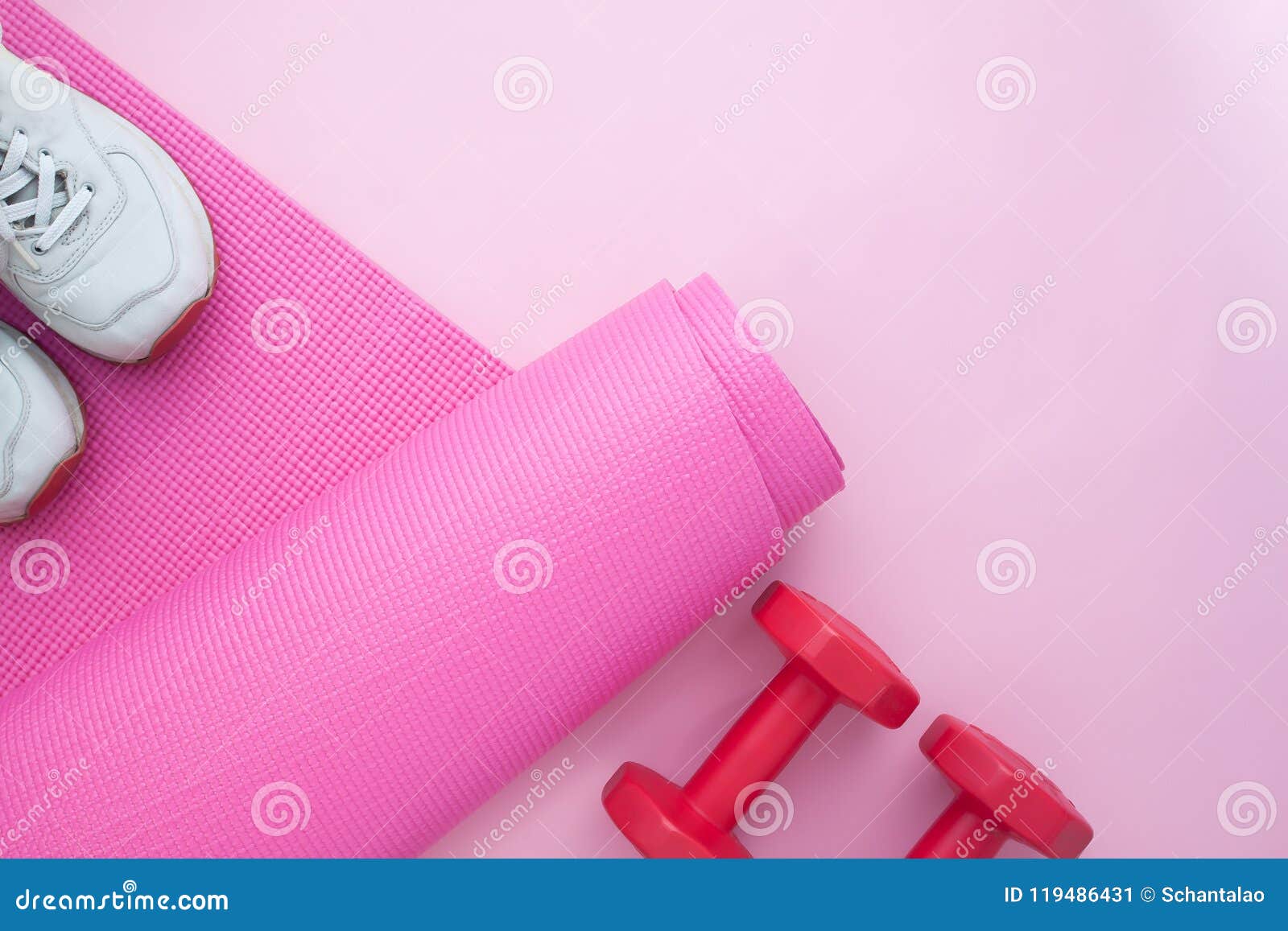 Sport and Fitness Equipments on Pink Colour Background, Top View Stock ...