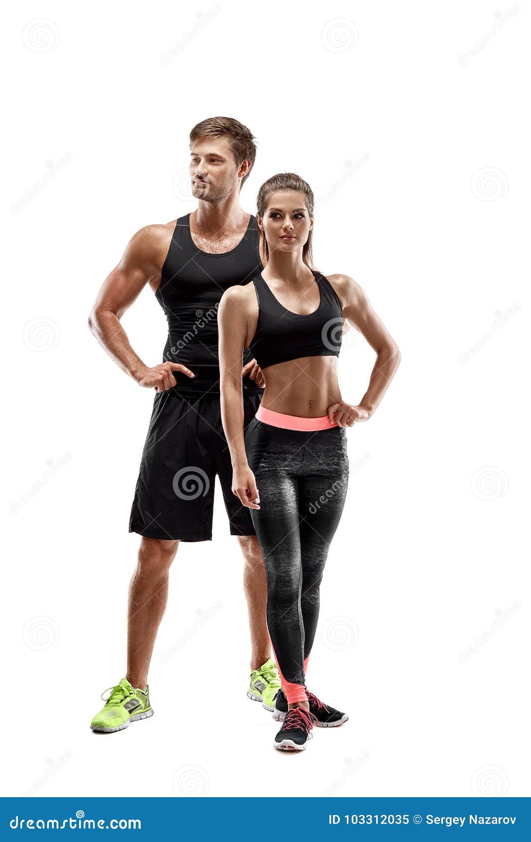 sport, fitness, workout concept. fit couple, strong muscular man and slim woman posing on a white background