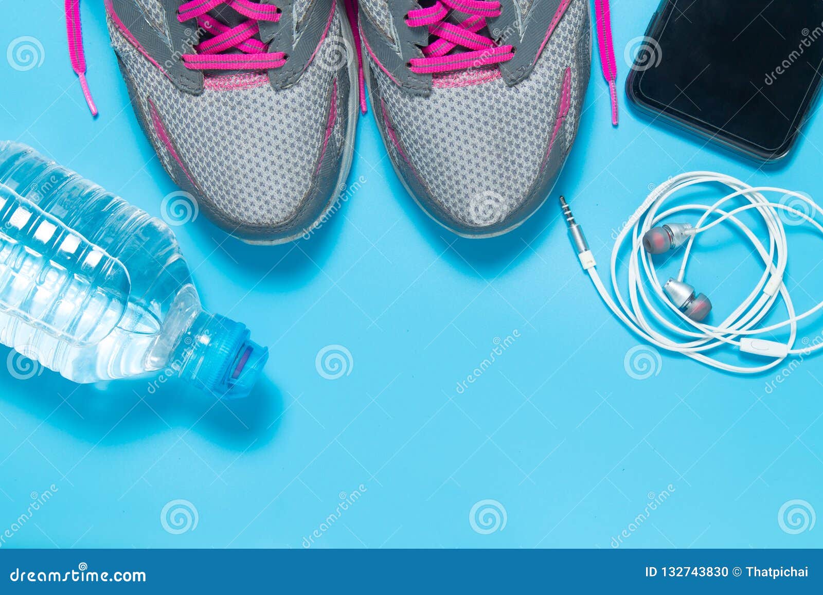 Sport Flat Lay Pink Shoes with Bottle of Water, Phone, Earphones on ...