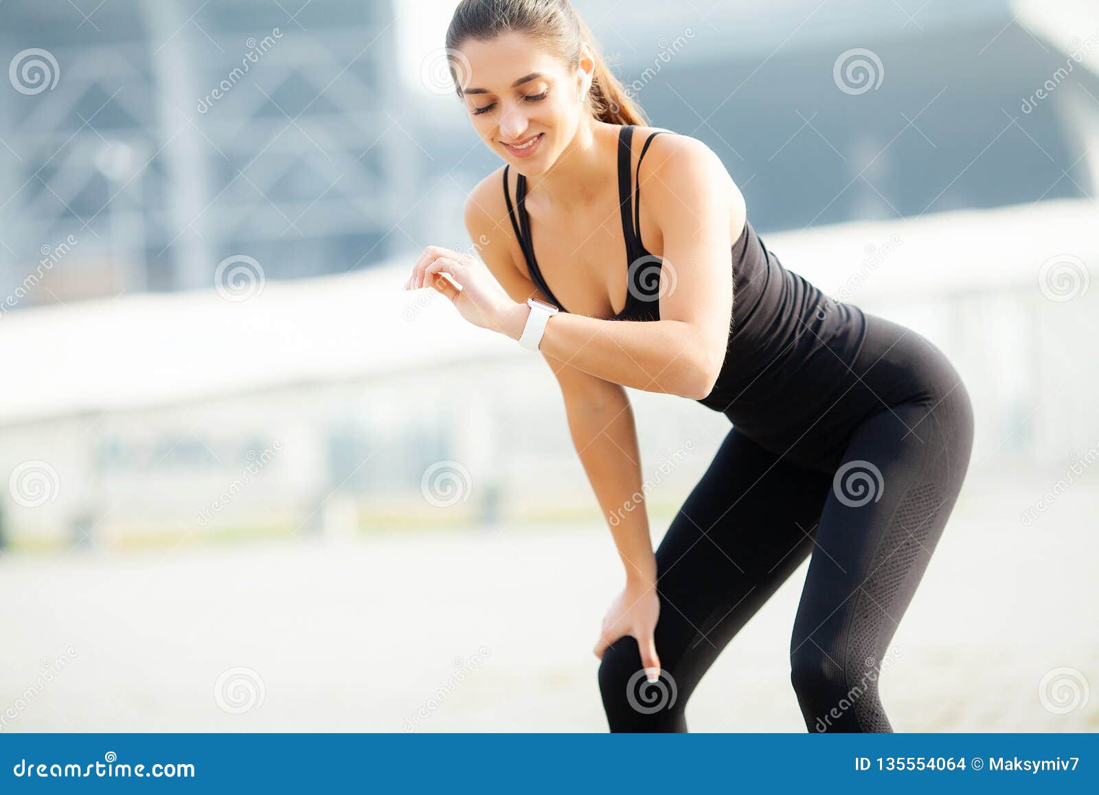 Sport Outdoor. Young Fitness Girl Doing Squats Outdoors in Summer Stock ...