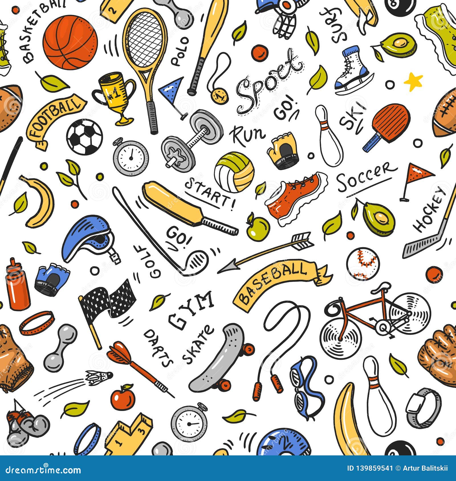 Sport Seamless Pattern. Icons Doodle Style. Equipment for Fitness