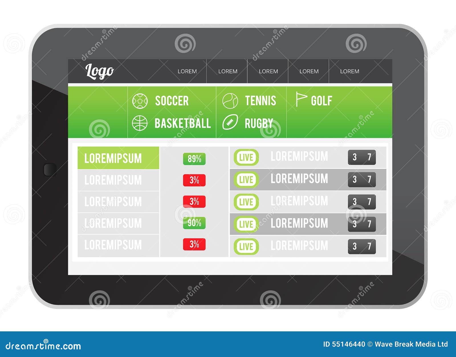 Sports App Interface on Tablet Screen Stock Vector Illustration of technology, digital 55146440