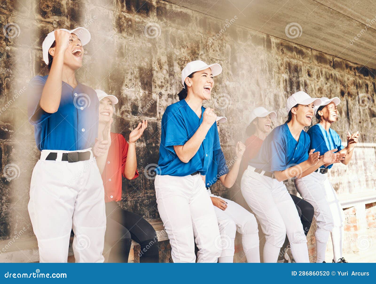 sports, baseball player or excited team celebrate teamwork, achievement and cheers for homerun. group, dugout row or