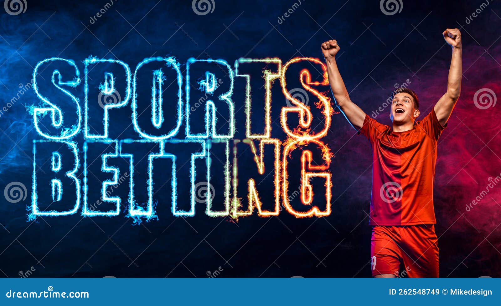 Socccer concept. Sports betting on football. Design for a bookmaker.  Download banner for sports website. Soccer player winner on a fiery  background Stock Photo