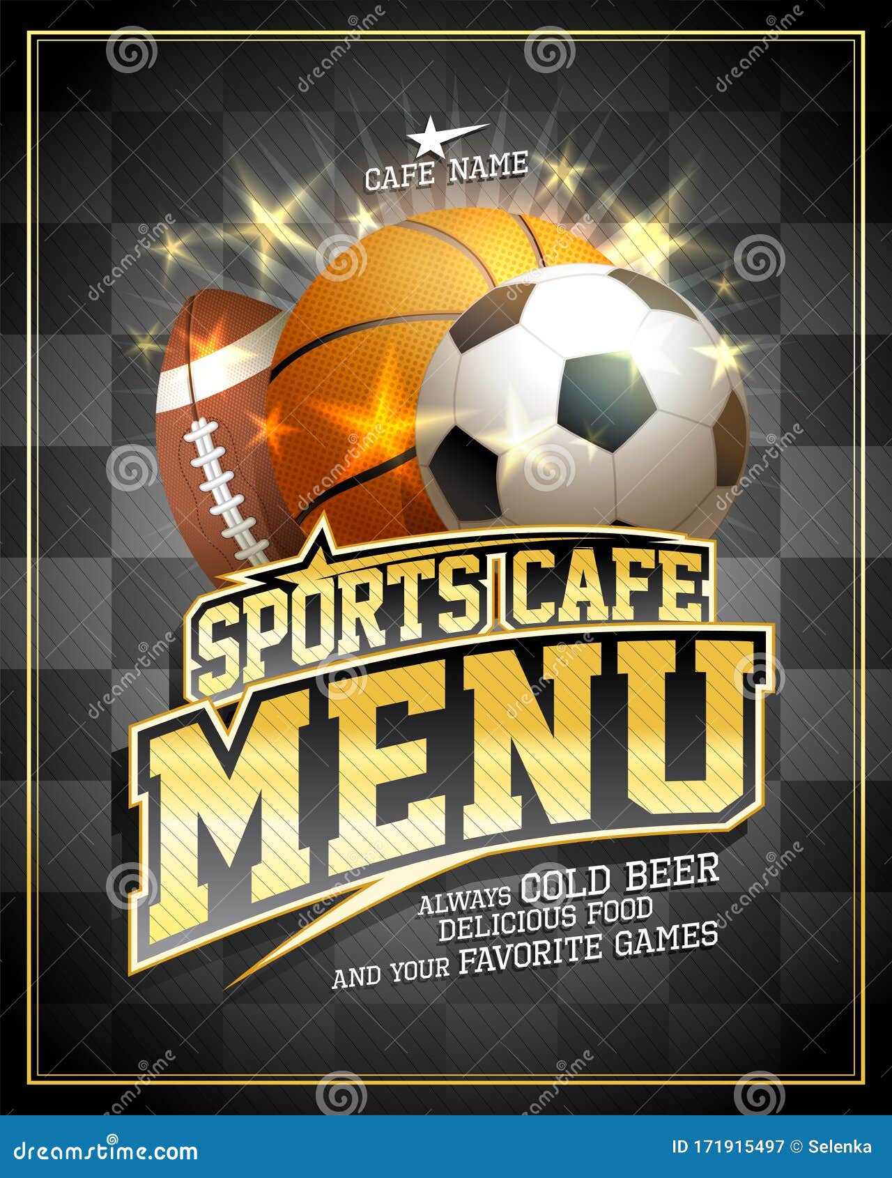 Sports Cafe Menu Card Design Template with Football, Basketball and