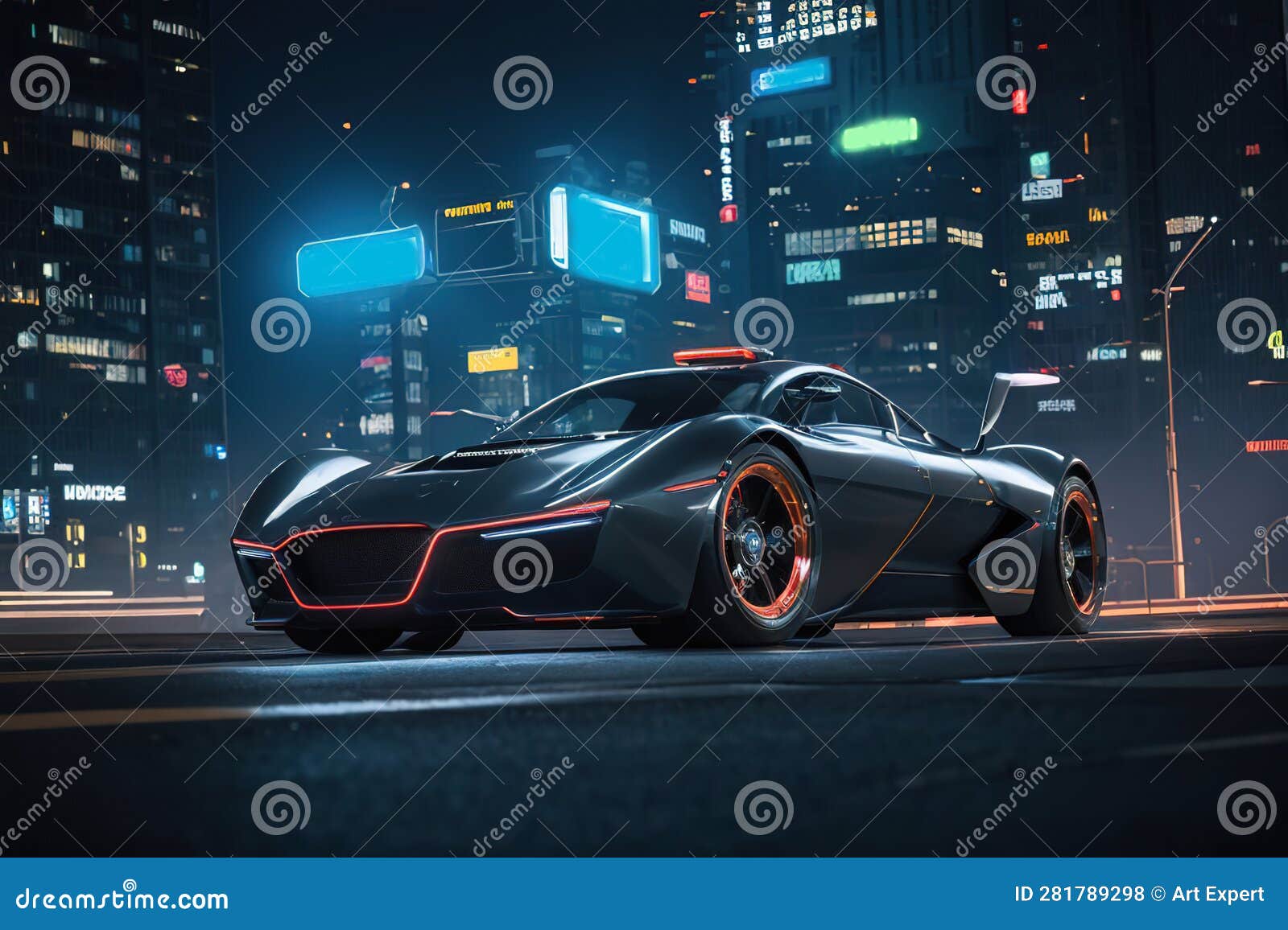 Sports Car, Night City, Many City Lights and Advertisements Stock ...