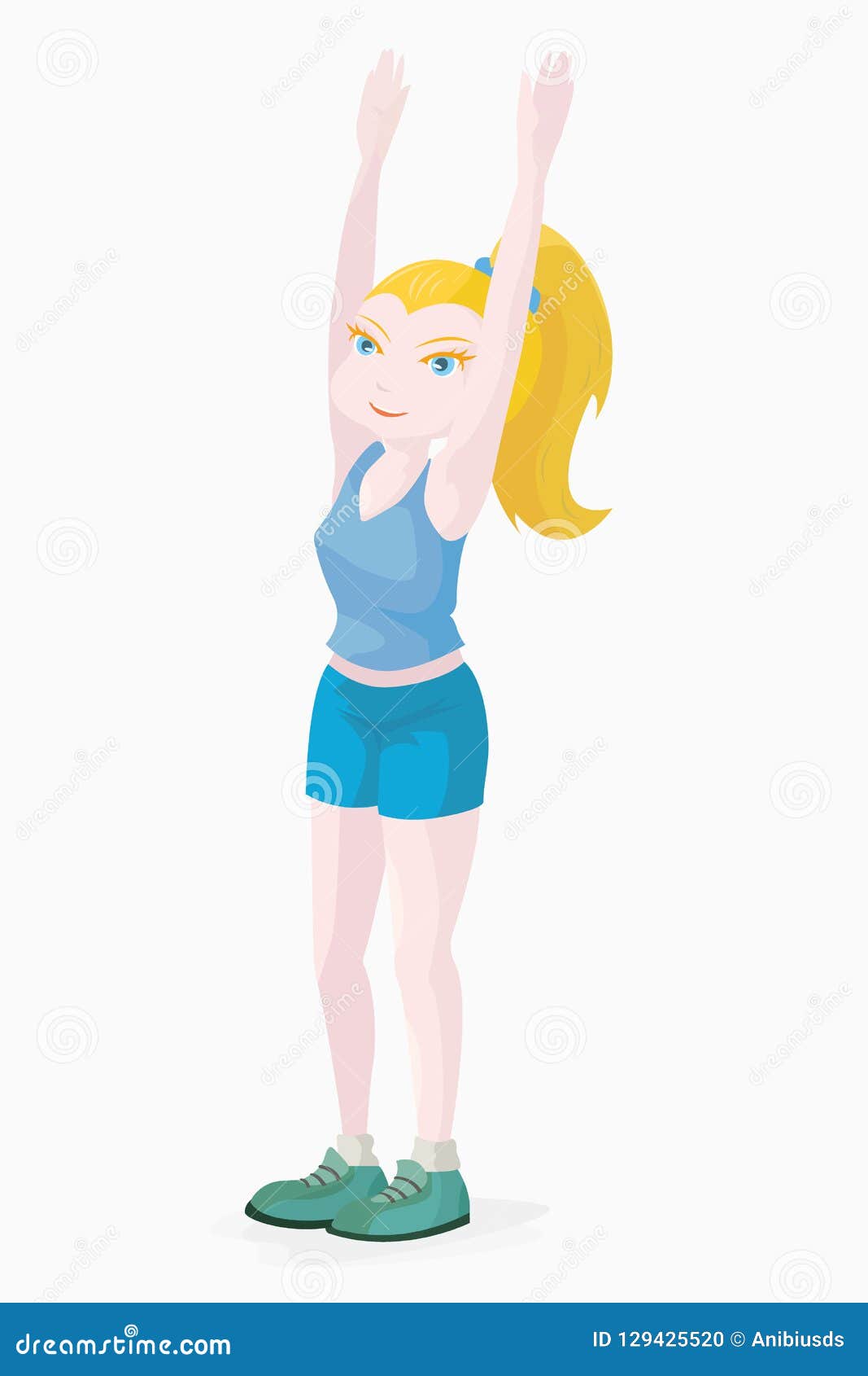 sports character in the form of a blond girl in a blue t-shirt and mini shorts