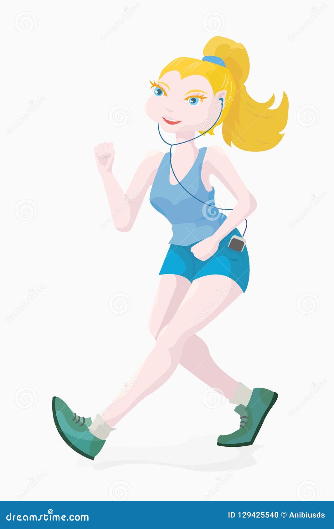 sports character in the form of a blond girl in a blue t-shirt and mini shorts