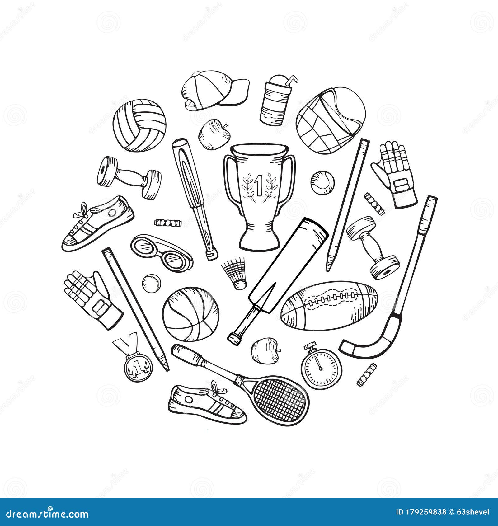 Sports Equipment and Accessories. Vector Hand-drawing in Cartoon