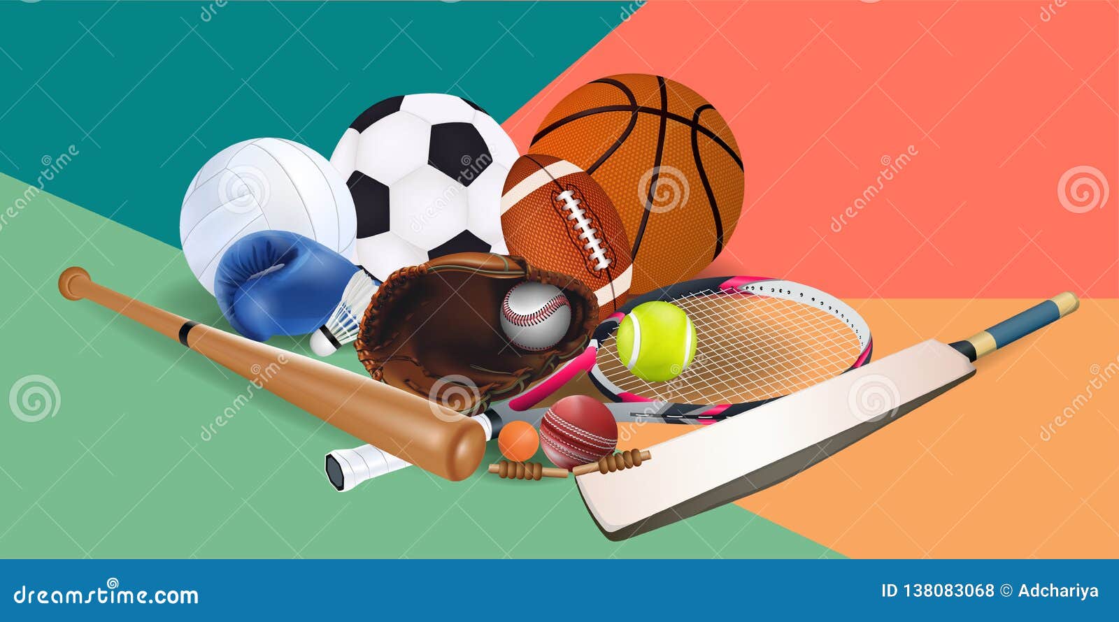 A set of sports clothes and items for different sports. T-shirt, shorts,  sneakers, bag, football and basketballs, volan, tennis rackets, cap, boxing  gloves and goblet. Stock Vector by ©VitalyGrin 147106279