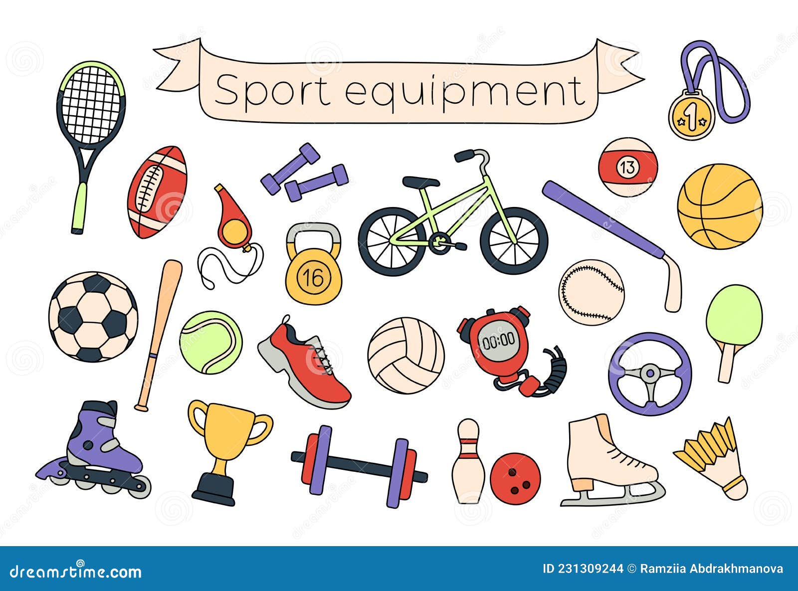 Set of Sports Doodle Vector Illustration in Cute Hand Drawn Style